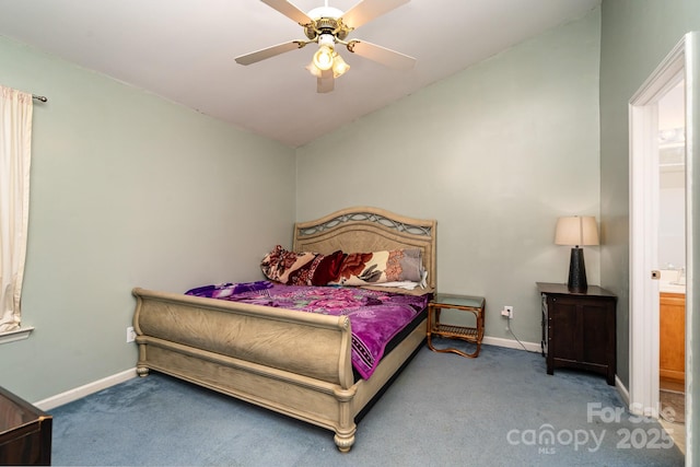 bedroom featuring baseboards, carpet, ceiling fan, and vaulted ceiling