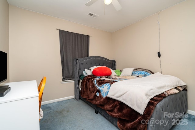 bedroom with visible vents, ceiling fan, baseboards, and carpet floors