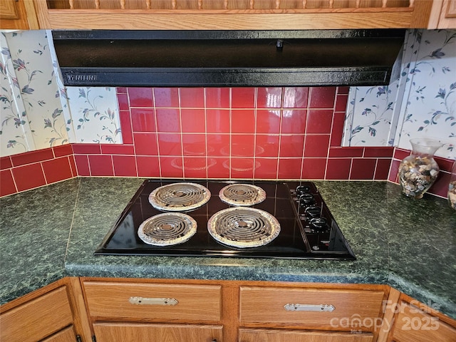 room details featuring dark countertops, backsplash, and black electric stovetop