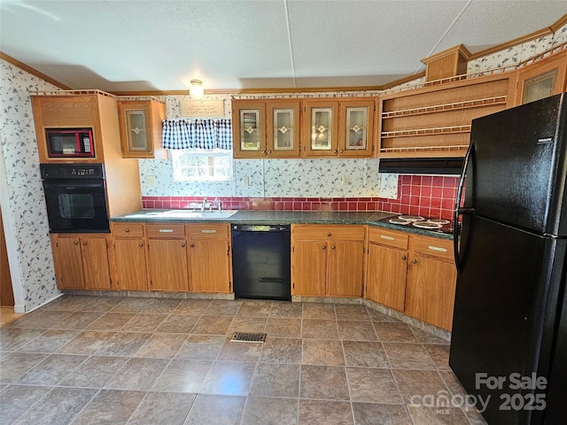 kitchen with wallpapered walls, open shelves, a sink, black appliances, and dark countertops