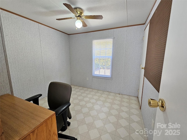 home office featuring a textured ceiling, crown molding, light floors, and ceiling fan