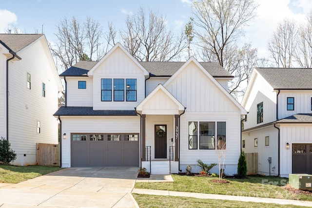 2013 S St, Charlotte, NC 28208 - modern inspired farmhouse with board and batten siding, concrete driveway, a garage, and a shingled roof