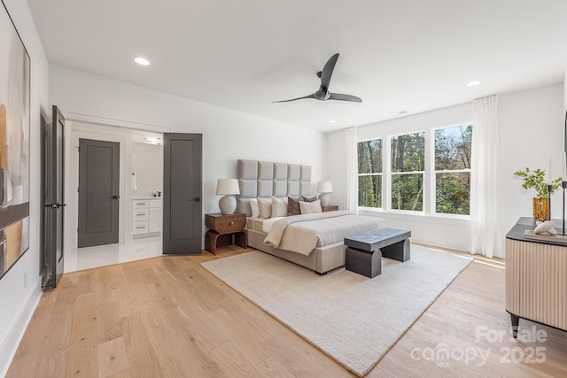 2013 S St, Charlotte, NC 28208 - bedroom featuring light wood-style flooring, recessed lighting, ensuite bathroom, and a ceiling fan