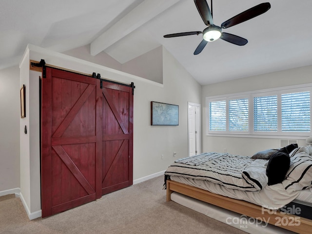 bedroom featuring lofted ceiling with beams, a barn door, light colored carpet, and baseboards