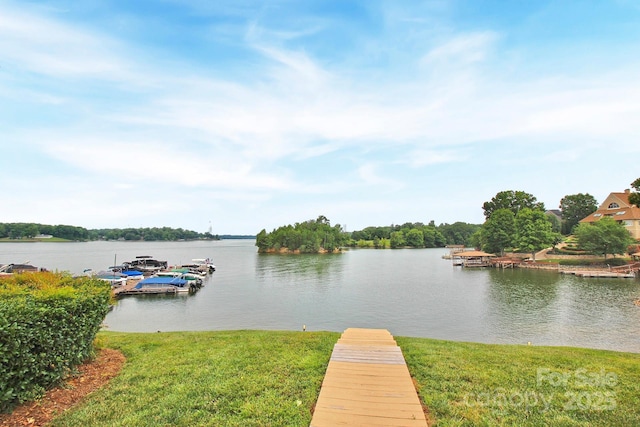 view of dock with a yard and a water view