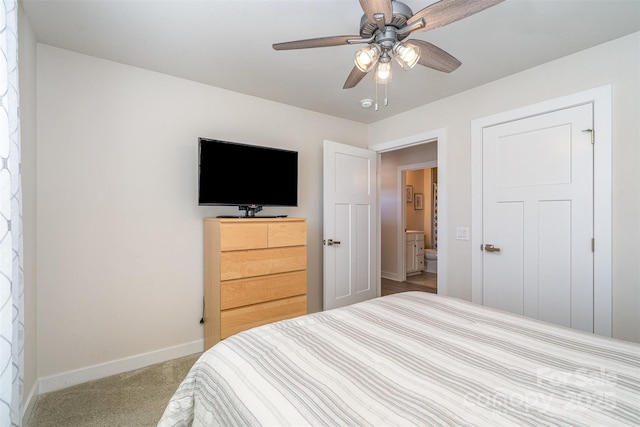 bedroom featuring baseboards, carpet floors, and ceiling fan