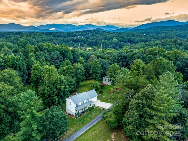 drone / aerial view featuring a mountain view and a forest view