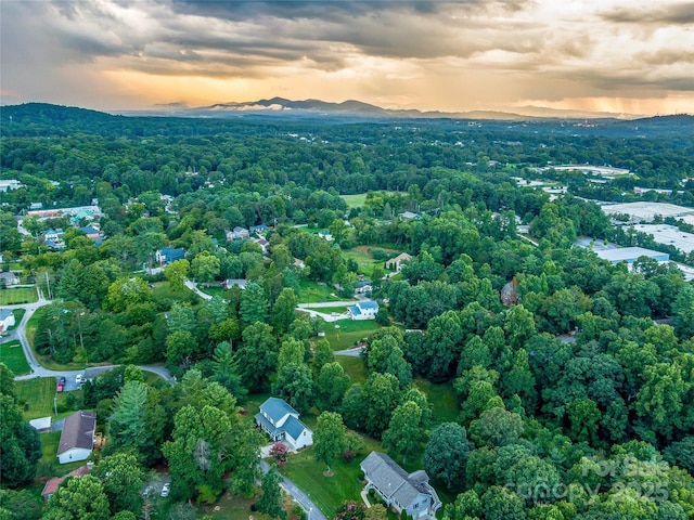 aerial view at dusk with a mountain view and a view of trees