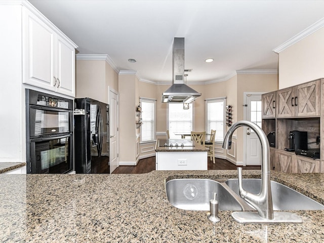 kitchen with black appliances, crown molding, island exhaust hood, and a sink