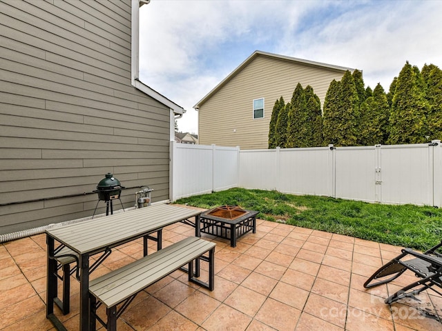 view of patio with an outdoor fire pit and a fenced backyard