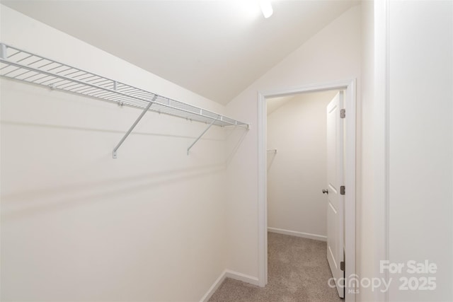 spacious closet with light colored carpet and lofted ceiling