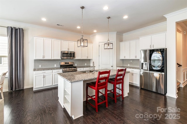19011 Dry Narrows Way, Charlotte, NC 28278 - kitchen featuring dark wood-style floors, white cabinets, stainless steel appliances, and a sink