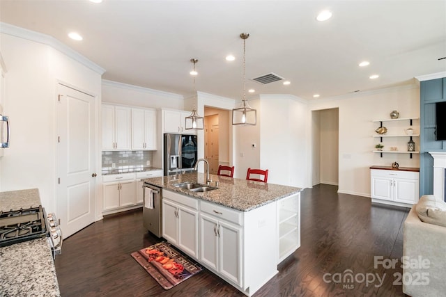 19011 Dry Narrows Way, Charlotte, NC 28278 - kitchen with open shelves, stainless steel appliances, a sink, dark wood-type flooring, and white cabinets