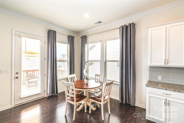 19011 Dry Narrows Way, Charlotte, NC 28278 - dining space with dark wood-style floors, visible vents, and ornamental molding