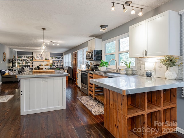 kitchen with dark wood finished floors, a sink, stainless steel appliances, open floor plan, and tasteful backsplash