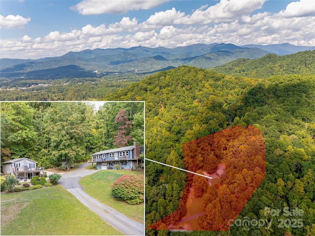 birds eye view of property featuring a forest view and a mountain view