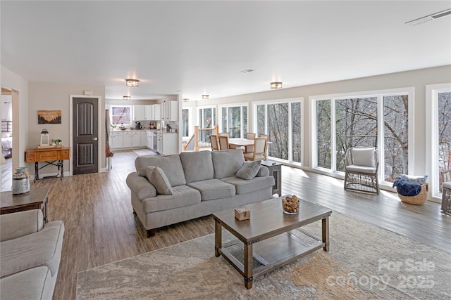 living area with plenty of natural light, visible vents, and light wood-type flooring