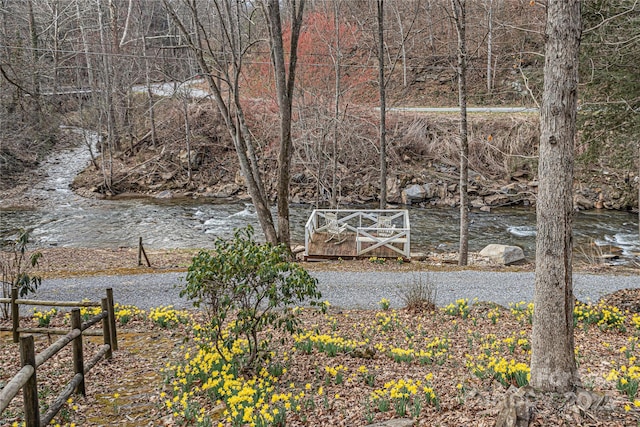 property view of water featuring fence