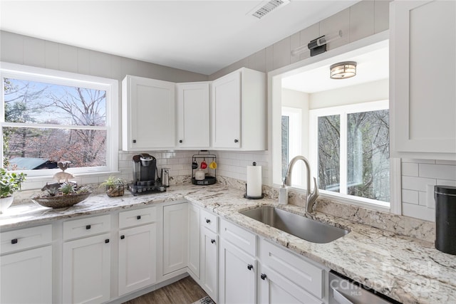 kitchen with visible vents, a sink, white cabinetry, decorative backsplash, and dishwasher