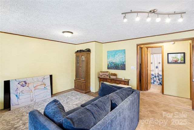 living area with a textured ceiling and ornamental molding