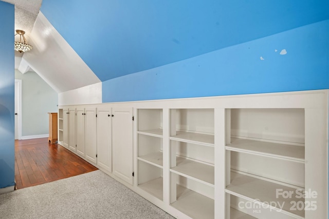 additional living space featuring lofted ceiling, dark wood-style floors, and dark carpet