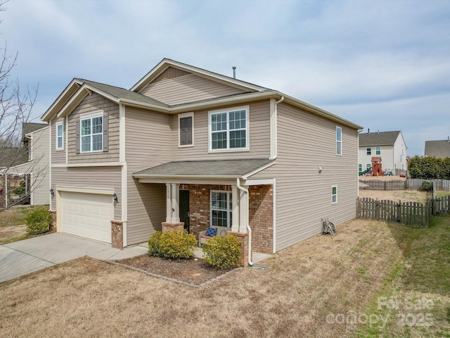 craftsman inspired home with brick siding, an attached garage, fence, covered porch, and driveway