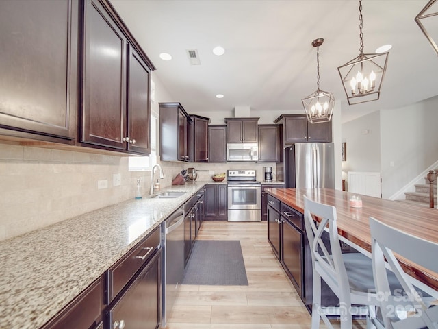 kitchen with visible vents, backsplash, dark brown cabinetry, appliances with stainless steel finishes, and a sink