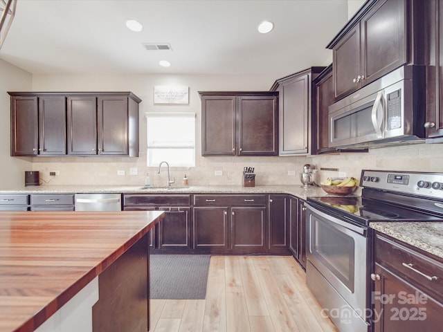 kitchen with visible vents, light wood-style flooring, butcher block countertops, stainless steel appliances, and tasteful backsplash