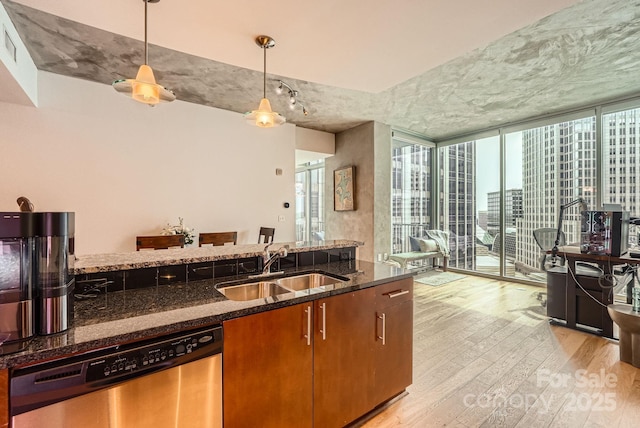 kitchen with light wood finished floors, decorative light fixtures, floor to ceiling windows, stainless steel dishwasher, and a sink