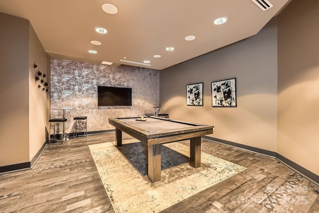 rec room featuring baseboards, wood finished floors, and pool table