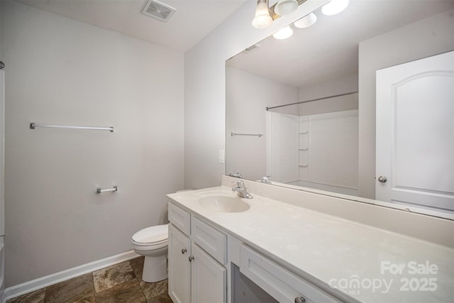 full bathroom featuring visible vents, walk in shower, baseboards, toilet, and vanity