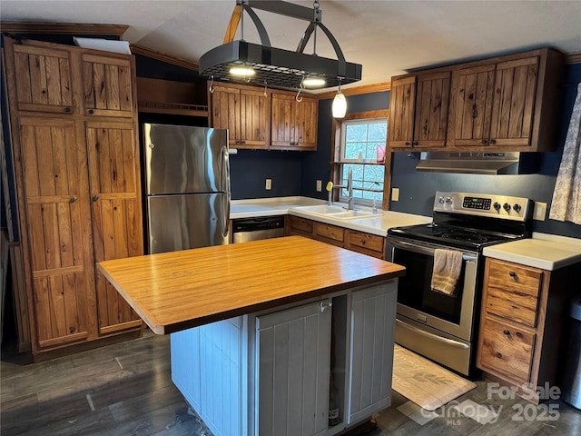 kitchen with butcher block countertops, a sink, range hood, stainless steel appliances, and dark wood-style flooring