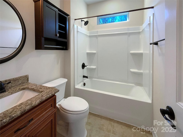 bathroom featuring shower / tub combination, tile patterned flooring, toilet, and vanity