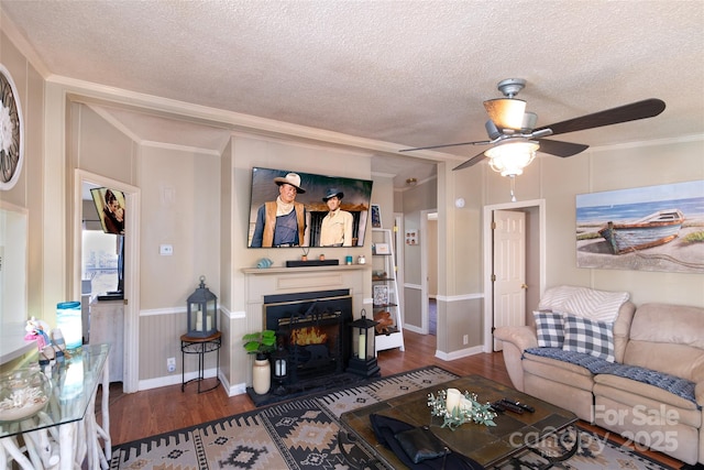 living area featuring wood finished floors, a fireplace with flush hearth, ceiling fan, ornamental molding, and a textured ceiling