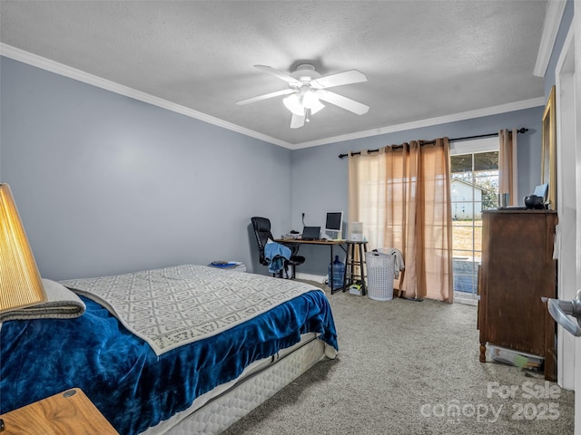 carpeted bedroom featuring ceiling fan, crown molding, and a textured ceiling