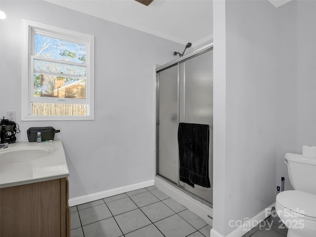 full bathroom with tile patterned floors, a stall shower, toilet, and vanity