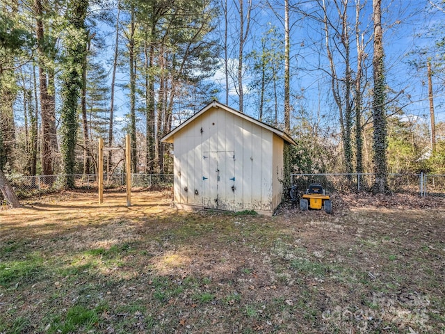 view of shed with a fenced backyard