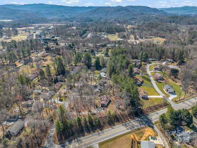 bird's eye view featuring a forest view and a mountain view