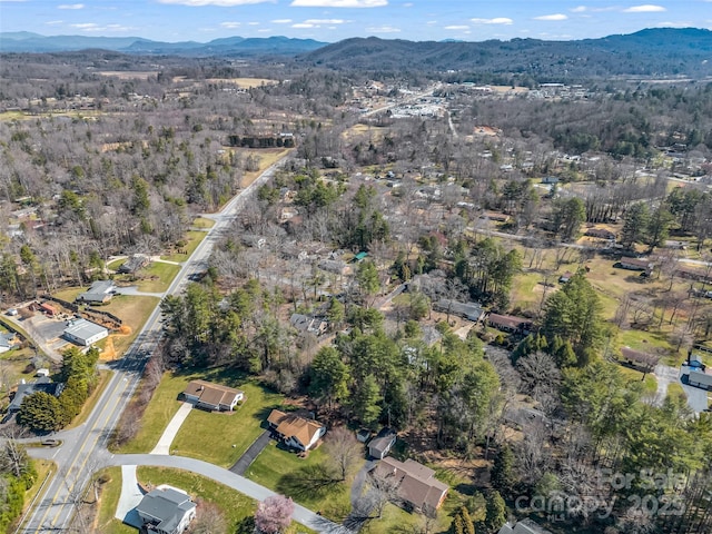 drone / aerial view featuring a mountain view