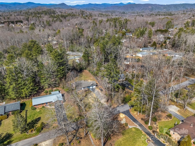 bird's eye view featuring a wooded view and a mountain view