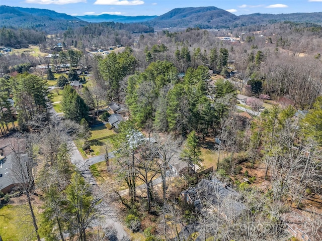 aerial view featuring a view of trees and a mountain view