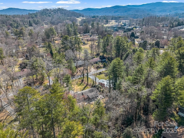 drone / aerial view with a mountain view and a view of trees