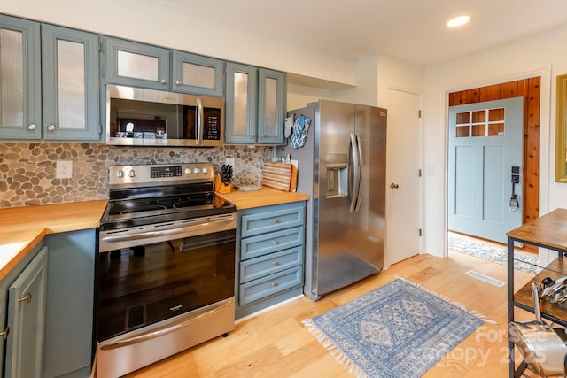 kitchen with decorative backsplash, butcher block counters, light wood-style flooring, and stainless steel appliances