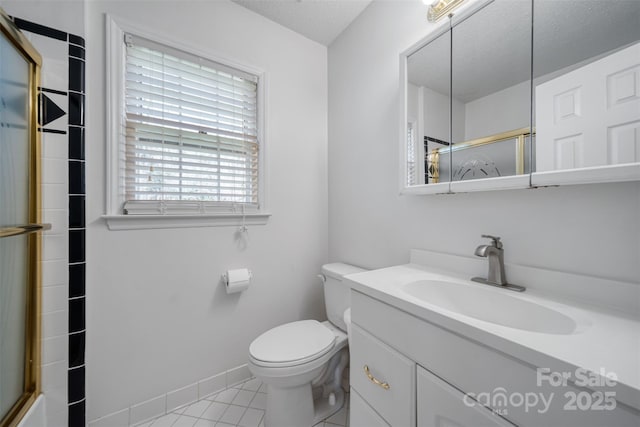 full bathroom featuring vanity, tile patterned floors, toilet, and a shower with shower door