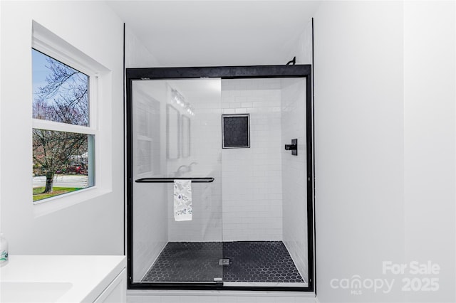 full bathroom with vanity and a shower stall