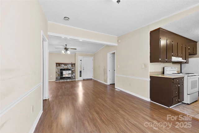 kitchen featuring wood finished floors, a ceiling fan, electric stove, dark brown cabinets, and under cabinet range hood