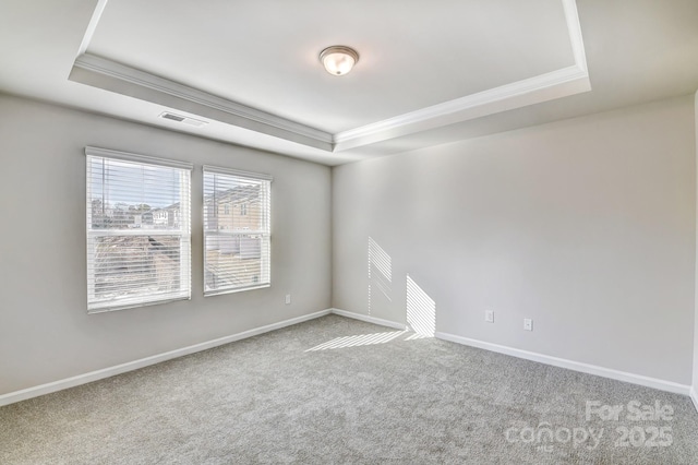 empty room featuring carpet flooring, a raised ceiling, and ornamental molding