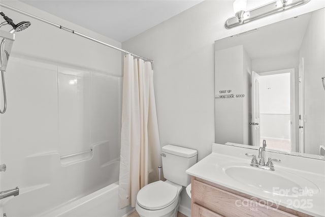 full bath with vanity, shower / bath combination with curtain, toilet, and visible vents