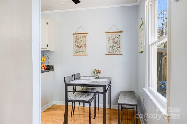 dining space with baseboards, ceiling fan, ornamental molding, and light wood finished floors