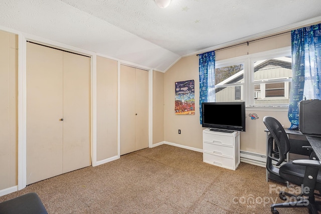 office with lofted ceiling, a textured ceiling, carpet flooring, baseboards, and baseboard heating